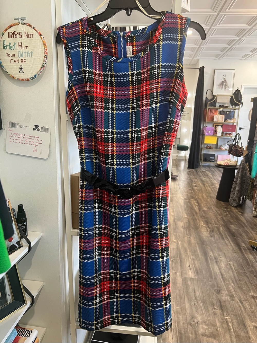 Vintage Sleeveless Blue Plaid Midi Dress with Black Belt